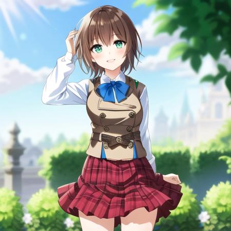 1girl (standing in a garden:1.3) with (short brown hair:1.2) and (green eyes:1.3) and (wearing long pleated skirt and brown vest and collared shirt and blue bow:1.2)
{{{masterpiece}}}, {{best quality, super fine illustration}}, ((dense hair)),  ((beautiful eyes)),{very delicate light, perfect and delicate limbs}, {{ fine luminescence ,very fine 8K CG wallpaper}}, ((an extremely delicate and beautiful girl)), dynamic angle, l (staring blankly, lovely big eyes), beautiful detailed eyes, (absurdres, incredibly absurdres, illustration, ultra-detailed),
solo, high quality, CG, wallpaper, anime girl,dense hair, cute face, two legs, detailed hair, (very detailed hair), (beautiful eyes), Na-ga style, (legs out of frame:1.2)