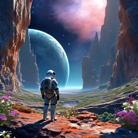 A distant planet with a rocky, alien landscape under a star-filled sky. Astronauts in futuristic space suits explore the surface, where strange plants grow and a distant earth is visible in the sky