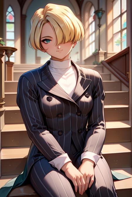 mariabase, blonde hair, hair over eye, green eyes, short hair, white turtle neck, black pinstripe suit, black button, white footwear,  mariasuit, blonde hair, hair over eye, green eye, short hair, collar, buttons, coattails, collared jacket, double vertical stripe, mandarin collar, white pants, long sleeves, white gloves, tight pants, boots,