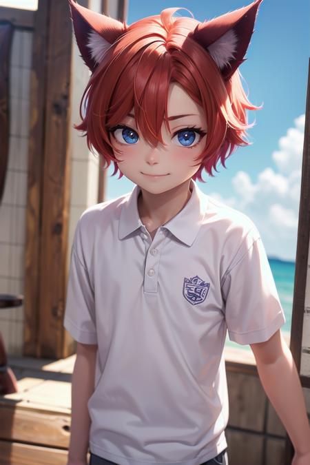 beach, smile, ( crimson cat ears:1.4), (red ears), multicolored hair,1 boy, male face, male body, more details in eyes, very short hair, hair between eyes, cute, adorable boy, cute face, detailed face, handsome, young, juvenile, colorful hair, white skin, colorful eyes, multicolored eyes, eyeshadow, crew cut, crimson hair, (muscular:0.4),(male focus:1.3),
details sky, ((masterpiece:1.4,best quality)), multiple details, looking at viewer, blush, blue eyes, full shot,
(pants), (white polo shirt),