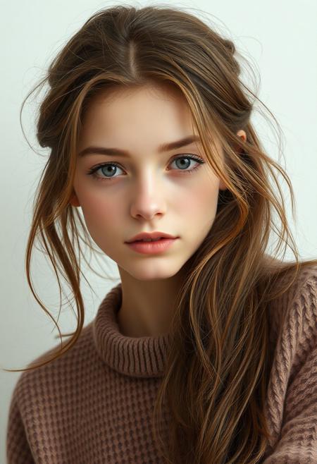 a young woman with masculine traits
- plain unadorned gentle natural-looking face
- simple drawing, soft colors