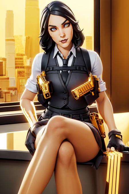 a woman sitting on a desk in an office <lora:MarigoldLoRA:1> marigold, with, scar on eye, uniform, holding, golden gun, beautiful eyes, beautiful girl, high detail skin, high detail eyes, high detail hair, highres, ultra detailed,  detailed reflective shiny skin, diffused skin pores, sharpen picture, Highly detailed, masterpiece, best quality,