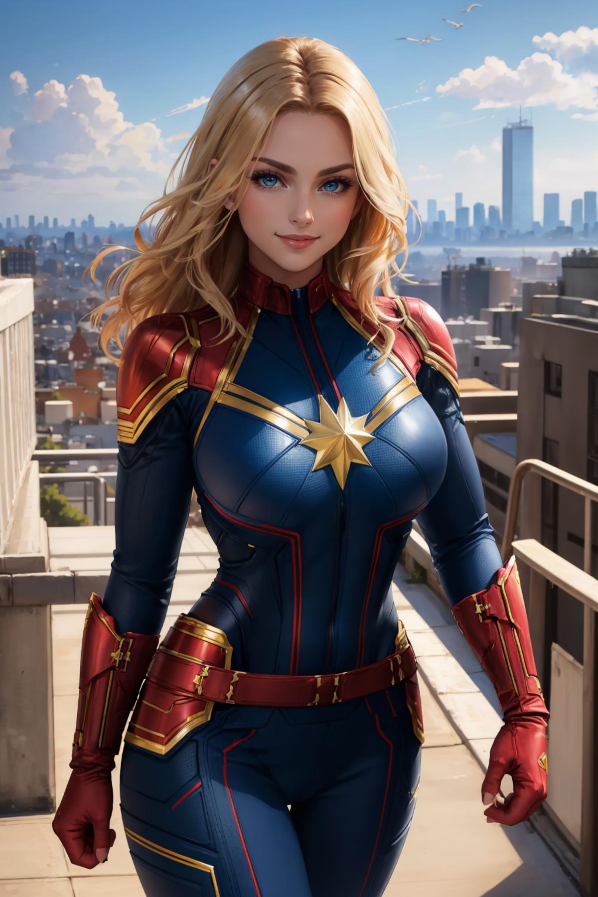 A CGI rendering of a blonde woman in a blue and red Captain Marvel costume.