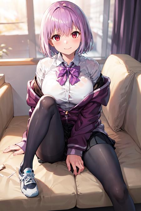 masterpiece, best quality, highres, 1girl, shinjou akane, pantyhose, shirt, bow, skirt, purple jacket, jacket, white shirt, shoes, long sleeves, short hair, black skirt, collared shirt, black pantyhose, open clothes, bowtie, purple bow, breasts, bangs, red eyes, pleated skirt, off shoulder, open jacket, sleeves past wrists, light purple hair, purple bowtie, sneakers, miniskirt,  <lora:shinjou_akane_v2:0.7>