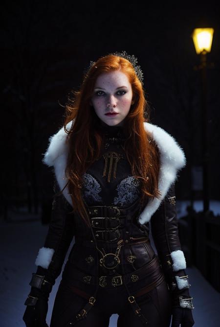 ginger, Artistic Portrait 18yo beautiful woman, perfect nose, perfect face, perfect, gorgerous, slim girl , Caucasian, white skin, white eyes,  snowstorm,  snow, wind, blizzard, light theme, steampunk outfit, black eyeliner, cinematic light, Night Photography, Light Beans, dramatic light, intricate details <lora:ginger_v03:0.6> <lora:steampunkengis_ss13_mech:1>