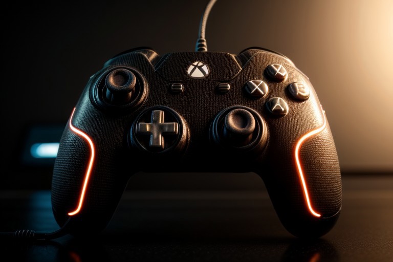 masterpiece, best quality, 8K, HDR, absurdres, intricate details, ciTron Legacy, photo of futuristic controller, neon details, controller, blurry background
