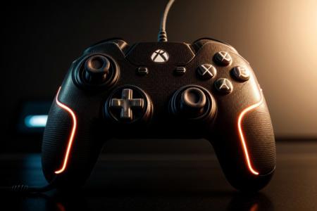 masterpiece, best quality, 8K, HDR, absurdres, intricate details, ciTron Legacy, photo of futuristic controller, neon details, controller, blurry background