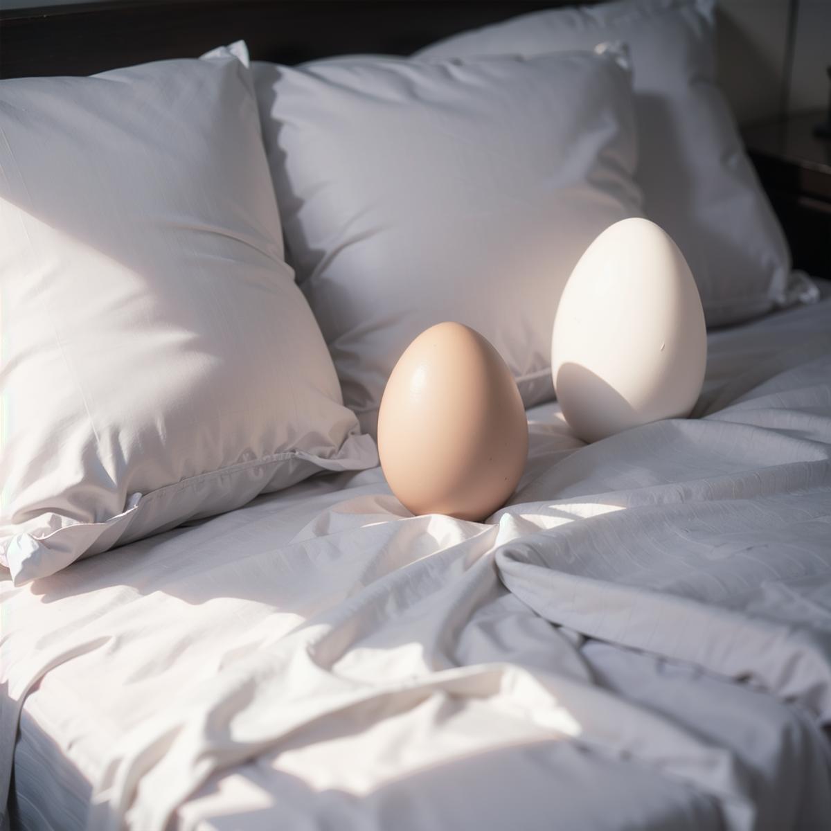 Two Eggs on a Bed: One Is White, One Is Brown