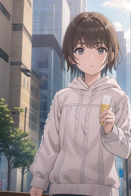 saiai kinuhata, short hair, brown hair, (grey eyes:1.5), hood, sweater, hoodie,