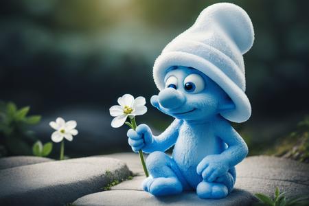 a photo of a tiny smurf (Smurfling:1.0) with a white hat and white pants and white shoes on and a blue face and arms, in a fantasy forest at night, sitting on a cobble stone wall, holding some flowers in it's hand