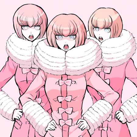 Ruruka Ando, Danganronpa, short hair, peach hair, bangs, light blue eyes, yellow beanie, coat, pink coat, fur collar, ribbons, pink ribbons,