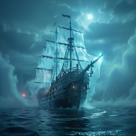 photo of transparent ghost pirate ship sailing directly towards the camera out of a thick bank of fog and mist in the open ocean with no land in sight, the ship is sitting heavy in the water, dreamyvibes artstyle, prismatic iridescent glowneon glowing lighting