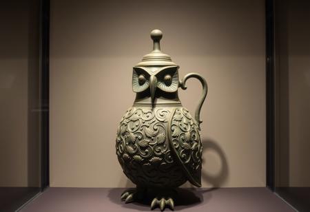 Inside a museum display case is a (single:1.4) 3000 year old Ancient bronze ewer from Shang dynasty of China. The ewer  is much taller than it is wide.    The ewer is formed in the shape of a stylized owl. The lid of the ewer forms the beak of the owl. the beak and eyes of the owl are the same color as the rest of the owl. It has a handle on the back.  instead of feathers, the body of the owl, and the entire ewer, is decorated in (intricately detailed and complex ancient chinese monster_taotie motifs:1.5).  The ewer is made of heavily oxidized bronze that appears green because, and the metal has corroded and crusted in minerals over the centuries since it was crafted.