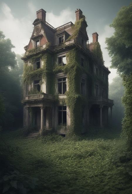 photo-real: **The Crumbling Manor**: A once-grand manor house now in ruins, 
with ivy creeping up the walls and broken windows. The grounds are overgrown with weeds, 
and the air is filled with the sound of distant whispers., 
isometric, 
digital art, 
smog, 
pollution, 
toxic waste, 
chimneys and railroads, 
3 d render, 
octane render, 
volumetrics, 
by greg rutkowski