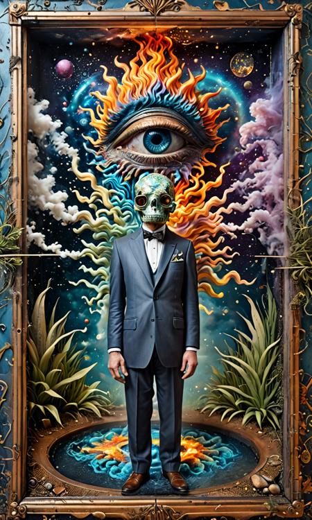René Magritte and M C Escher illustration of a dapper cyborg in a suit, emerging from an embryonic nebula colorful iridescent liquid, organic steampunk television set, a rising creature bathes in cosmic flame, plants floating against a blue sky background, cyberpunk psychedelia, decorated by mushroom and floral Graffiti Art Nouveau flourishes <lora:artfully4QUAD_SDXL_V1:1>  <lora:Surreal_World:1>