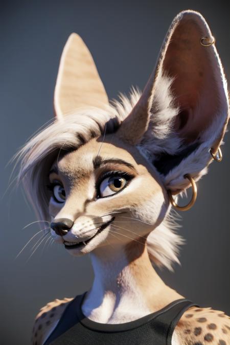 , solo, anthro, ear piercing, piercing, mammal, ear ring, hair, ring piercing, 3d (artwork), female, grey background, clothing, hi res, fur, simple background, clothed, digital media (artwork), whiskers, fennec, smile, portrait, industrial piercing