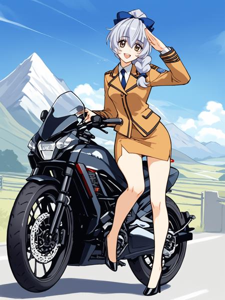 telethacapn, long sleeves, white shirt, collared shirt, grey hair, braid, hair bow, necktie, grey eyes, braided ponytail, blue bow, military uniform, wing collar, black necktie, hair over shoulder, brown jacket, brown skirt, pencil skirt, miniskirt, emblem, thighs, bare legs, black footwear, (high heels:1.5), pumps, telethamaid, grey hair, hair bow, grey eyes, (braided ponytail, floating hair:1.2), black footwear, (high heels:1.1), (mary janes:1.5), (black dress:1.2), long dress, brown pantyhose, frills, petticoat, (maid apron, long apron:1.5), maid headdress, long sleeves, (white bowtie:1.2),  telethabunny, grey hair, grey eyes, blue bow, braided ponytail, playboy bunny, detached collar, blue rabbit ears, wrist cuffs, blue bowtie, blue leotard, (fishnet pantyhose:1.2), black pantyhose, thigh gap, strapless leotard, hair over shoulder, blue footwear, (high heels:1.5), blue nails, small breasts,