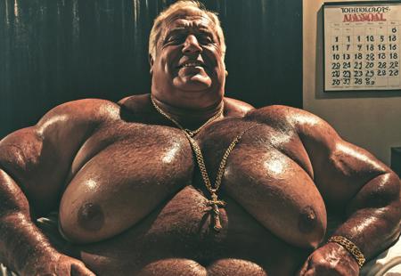Retro 90s sensual romantic grainy dark lowlight photography, dark shadows, nighttime photograph, portrait, porn calendar, gay magazine cover, supermodel,

dark cloister office bedroom,

solo, alone,
closeup,
huge big bloated saggy hairy old man's moobs chest, chesthair, extremely hairy,

Old big bullish obese tanned hairy grandpa, he has a double chin and thick neck, big hairy chest, muscular steroid arms, moaning lustful sensual mysterious challenging disgusted annoyed smiling expression, blue eyes, balding light blonde hair, blonde, shiny tanned skin, large hard nipples, muscular strong legs, 

wearing golden necklace with holy cross,
bdsm master, torture master, dungeonmaster,
flexing his gigantic biceps,

father, vater, uncle, onkel, stepdad, grandpa, opa,
politician, sir, millionaire, rich, authority,

lying on bed, sensual sexy attractive provocative pose,

dark grainy lowlight, very dark, noise,