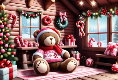 xmastedx, Cute bear, rose pink, candy canes, Christmas, festive interior cabin background, photograph, realistic, detailed