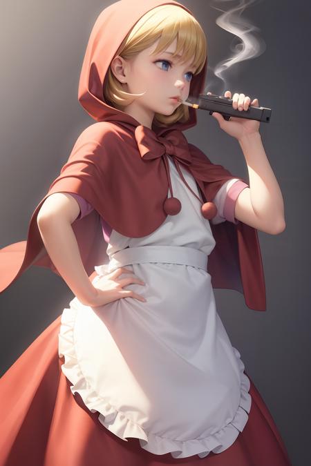 masterpiece, best quality, <lora:bbh:1>,1girl,apron,capelet,cigarette,smoking, smoke, holding, holding gun, grey background,