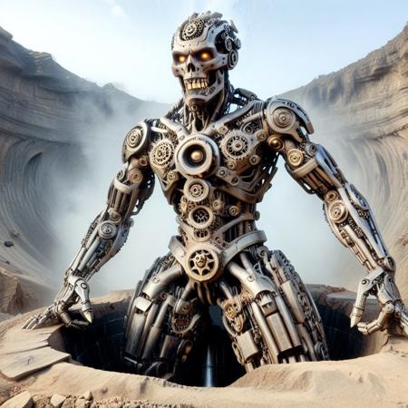 a giant humanoid figure rising from a crater, entirely composed of interlocked iron gears, each joint rotating with audible clatter, steam venting from shoulder valves, gears within gears moving in nested patterns, surrounding terrain crushed into spirals of broken teeth, g3ars, made out of gears