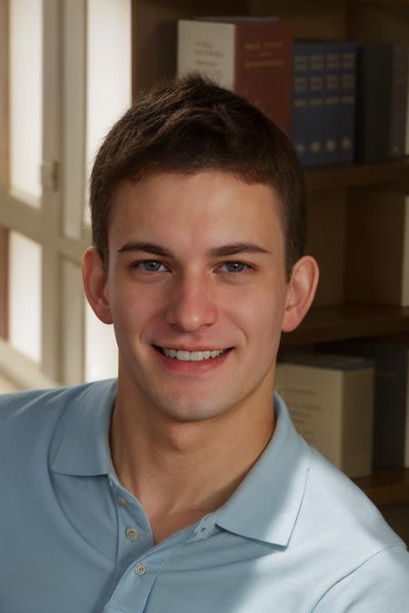 (closeup face portrait) photo of sc_joey <lora:sc_joey_twink:0.75> wearing a light blue fitted Ralph Lauren polo shirt in a local library, subtle smile, blurred bookshelves, natural daylight filtered through windows, soft artificial lighting, playful mood, light-hearted, intellectual, vintage charm