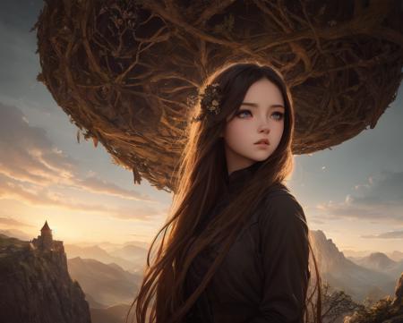 ((master piece)),best quality, illustration, dark, 1girl, In the wilderness,High mountain, Empty space, castle, beautiful detailed eyes,  beautiful detailed hair,