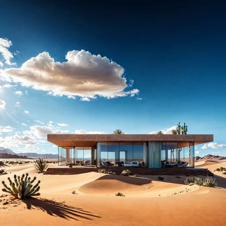 a desert house concept art of ,  frontal view, with picture windows, big dunes, dunes, desert, cacti,  white clouds ,midday atmosphere, 
 <lora:add-detail-xl:1>, Ultra-HD-details, true to life, HDR image, High detail resolution, high detailed cloth, cinematic lighting, realistic, sharp focus, (very detailed), ((4K HQ)), depth of field, f/1.2, Leica, 8K HDR, High contrast, bokeh, realistic shadows, vignette, epic,, symmetric eyes, same color eyes . magnificent, celestial, painterly, epic, majestic, magical, cover art, dreamy, MASTERPIECE,