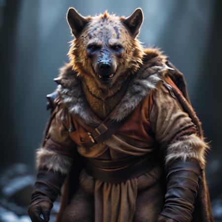 highly detailed documentary photo of gnoll:1.3,

solo,  male focus, teeth, pelt, weapon on back, fur cloak, gauntlets, 

masterpiece, best quality:1.1, 

ultra photoreal, photorealistic:1.0, sharp focus:1.1, 
depth of field:1.1, 

50mm, style of Nathan Wirth, Hasselblad X1D II, Porta 160,
