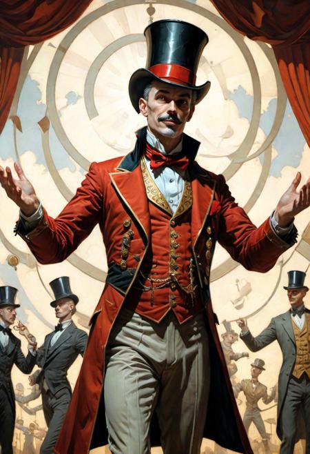 circus ringmaster, in the style of peter gric, realist fine details, asaf hanuka, nostalgic rural life depictions, frank xavier leyendecker, dynamic balance, close-up, contre jour, light background, midjourney v6 style
