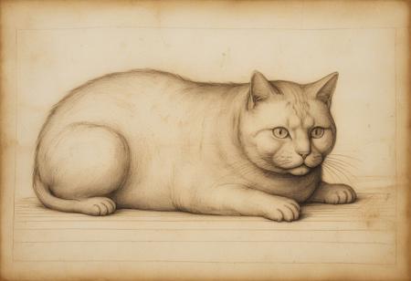 Long lost Leonardo da Vinci drawing of a chubby cat, bleached paper, very old 15th century drawing