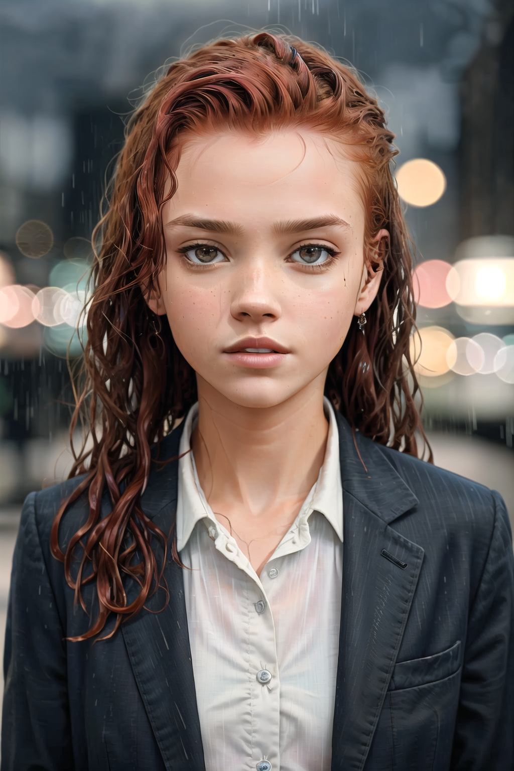 (DollieNobodySD15:0.8) portrait beautiful ginger woman wearing a business suit long sleeve button shirt caught in the rain...