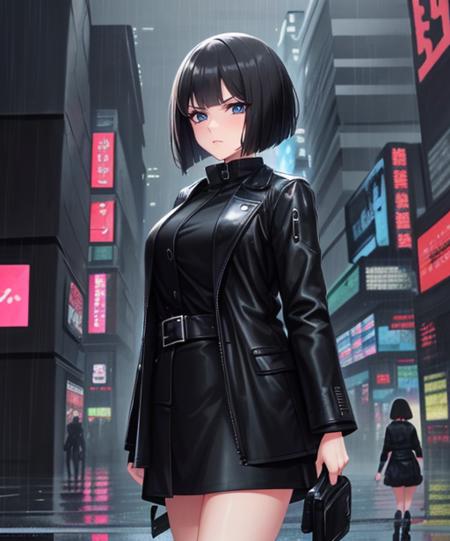 (adult woman), (1girl, solo), walking, ((black jacket)), serious, (black hair, bobcut), (blue eyes), ((future city, neotokyo, scifi city, cyberpunk)), (night, rain), ((best quality, high detail)), ((masterpiece)),  <lora:1_izumitsubasa_4e:1>