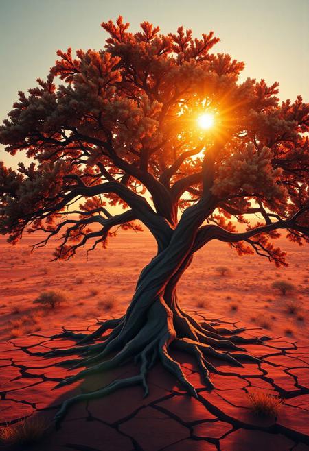 (emphasis on sharp geometric tree forms:1.6), (smooth surfaces:-1.4), minimal organic details, intersecting planes of land and tree,oak tree, sharp geometric branches and leaves, intricate fractal structures in foliage, (disjointed anatomy:-1.3), unsettling, (cartoonish:-1.1), multichromatic hues reflecting in sunlight, angular trunk and roots, dystopian vibe, recursive shapes in leaves and branches, (overly ornate:-1.5), photorealism, infinite geometry in the landscape, fractured ground geometry, (blurry:-1.2), stark natural lighting, primal aesthetic, (noisy:-1.1), sculptural and angular forms, exaggerated scale of the tree, (polished:-1.3), saturated earthy tones, (ugly:-1.3), (bad composition:-1.3), fragmented terrain, savannah, flowing yet sharp surfaces, (low quality:-1.2), warm glowing light from the horizon, high resolution, reds, vibrant oil pastel colors, and yellows, interlocking polygonal bark patterns, deep oranges, rigid tree structure