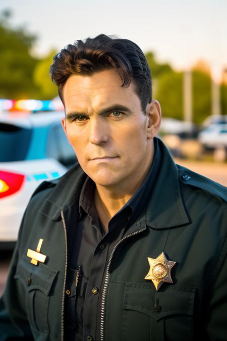 raw photo of a handsome man, looking at the camera, police officer, police cruiser in the background, midnight, close up, 8k uhd, fujifilm xt3