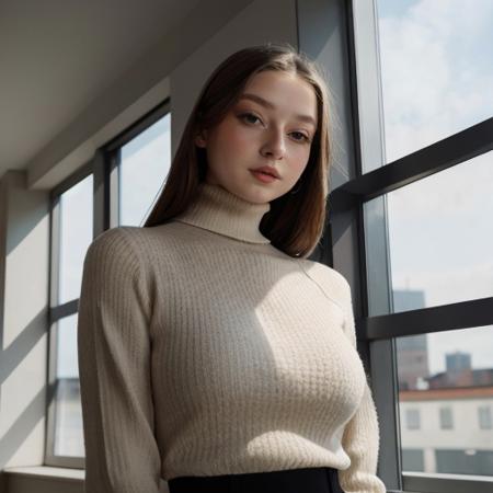 <lora:ameliakorczak_sd15_512_128_64_v1:1>ameliakorczak 1girl solo looking at viewer  wearing a turtleneck sweater  epiCRealism