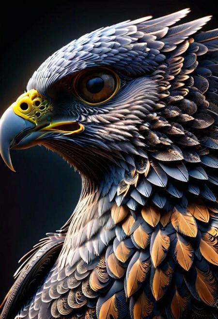 a close shot photo of a ral-frctlgmtry peregrine hawk , highly detailed, intricate design, high quality, 8k, cinematic, epic, ray tracing, deep shadows, dark fantasy