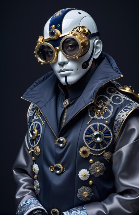 a fashion photoshoot of a samuraj robot man wearing a weird futuristic mask, hyper maximalist, intricate small miniscule detailed details, (eyes hidden behind weird mask googles that are glasses made of black diamond with glass decorated in ornate korean street fashion fused with indigenous clothes:1.2), androgynous, maximalist hiphop, (puffy wrinkly though fabric jacket:1.2), inflated, (detailed buttons and strings and zippers all over:1.2), many intricate folds as details in the clothes and fabrics, studio, japanese clothes, dark navy grey backdrop with spotlight and gobos, dark focusing vignette, grain, shiny, psytrance, clothing, fstop of 8, hyper - real, swiss design, old charismatic mechanic, pulsating, future fashion shoot