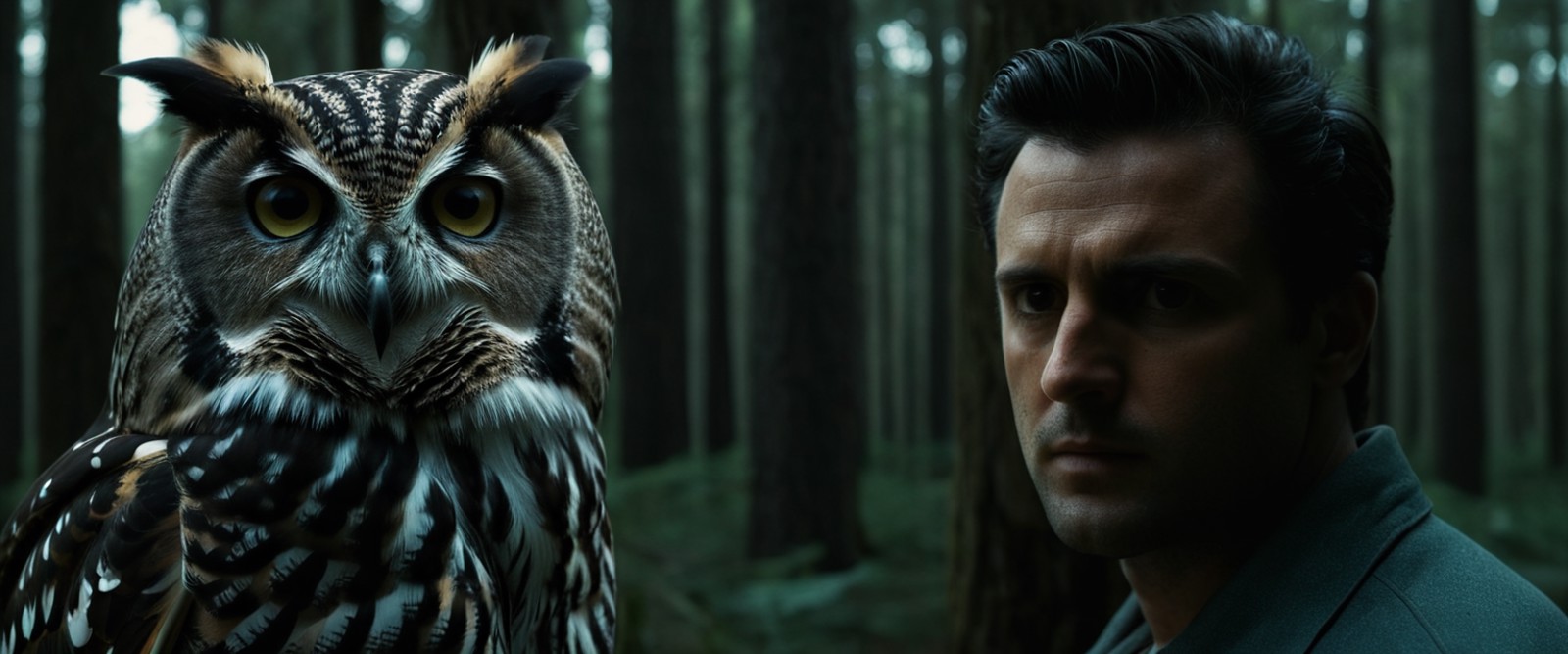 cinematic film still of  <lora:Split Diopter style:1>
Split image focus of a closeup of a large owl staring at camera next...