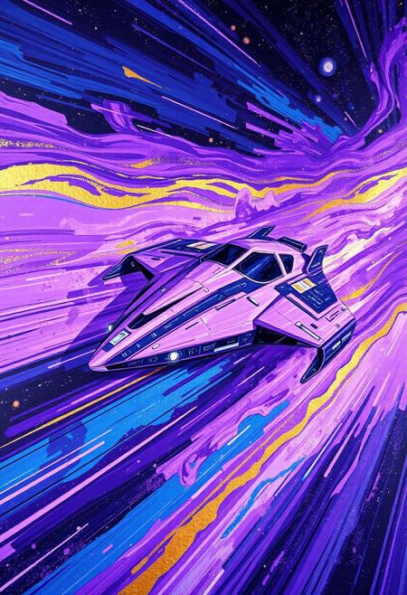 A hyper-stylistic, extremely detailed image depicts a breathtaking painting, crafted from a combination of smeared purple and blue metallic paint. A large intergalactic starcraft traveling light speed through space is captured in a streaked motion, as if it is moving rapidly in one direction. The purple paint is applied in bold, dynamic strokes, creating a sense of energy and movement that is contrasted beautifully by the golden accents. The blue paint is used to highlight the starcraft, the stars and planets features, adding a sense of depth and dimensionality to the image. The overall effect is one of breathtaking, surreal dynamism, as if the viewer has captured a fleeting moment in time. Every detail of the image is meticulously crafted, from the delicate, swirling patterns of the purple paint to the intricate, textured patterns of the blue paint. The contrasts between light and dark, color and texture, create a sense of tension and energy that draws the viewer in, inviting them to explore the kinetic world of the painting. highest-Quality, intricate details, visually stunning, Masterpiece