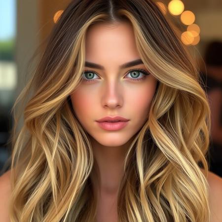 Her hair cascades in loose waves, framing her face with effortless glamour. The golden highlights catch the soft ambient light, adding a touch of radiance.