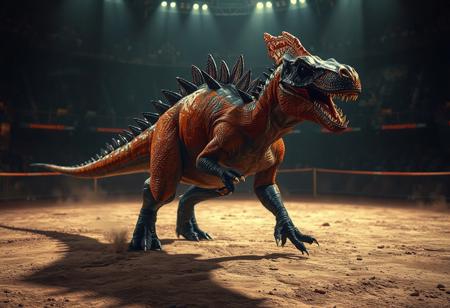 A Super Conductor Tyranno dinosaur, vibrant orange skin, sharp black spikes along back and tail, menacing black head with a striking red horn, black limbs poised for action, stands proudly in a dusty World Dino Wrestling arena. Dramatic cinematic lighting, creative angle, isometric perspective. Highly detailed, concept art, game art, 4k, 8k, Octane Render, Unreal Engine 5, trending on Artstation, CGSociety, sharp focus, impeccable composition, dynamic action pose.