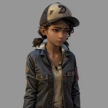 ((masterpiece, best quality)),(complex lighting) , solo,1girl,upper body, clementine,  dark skin,dark-skinned female,  <lora:ClementineWalkingDead1-10:0.8>, baseball cap, jeans, shirt, short twintails,open jacket, simple background,