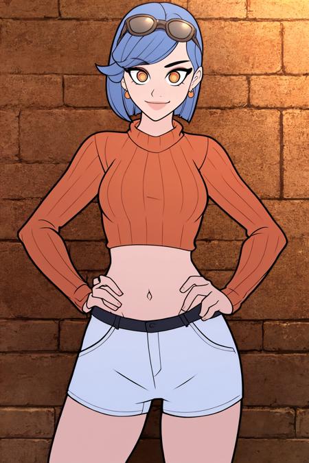 (masterpiece, best quality:1.2), <lora:tobinge:.7>, tobinge, 1girl, solo, v, shorts, jewelry, earrings, navel, eyewear on head, white shorts, sunglasses, smile, blue hair, midriff, orange shirt, hand on hip, crop top, long sleeves, looking at viewer, orange eyes, bangs, cowboy shot, sweater, shirt, ponytail, short hair, bangs, bob cut,  orange sweater