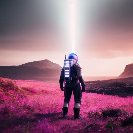 neon-ground-astronaut scifi style,a human male man figure in astronaut suit in field,helmet glowing pink, dynamic lighting, atmosphere  lighting, hyper detail features, ray tracing, high flare, 3D, cinematic lighting, dark shadows, unrealistic Engine 5 rendering, hyper detail,trending on artstation, 4k,extremely high details, ultra hd, hdr, 8k, extremely high details