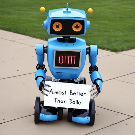 a small robot holding a sign with the text "(almost) BETTER THAN DALLE" written on it
