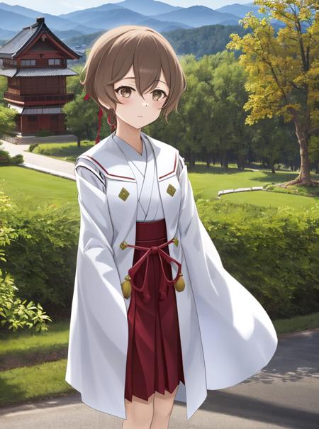 (outdoor activity),
 <lora:Fujimori_Mito-10:0.7>,1girl, solo,short hair, skirt,brown hair, ribbon, brown eyes, hair ribbon, japanese clothes, wide sleeves, hakama, hakama skirt, crossdressing, miko, red hakama