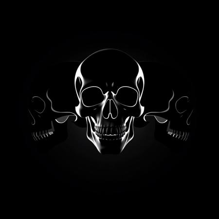 Three skulls, silhouettes, see no evil, hear no evil, speak no evil, all facing different directions, all connected into one