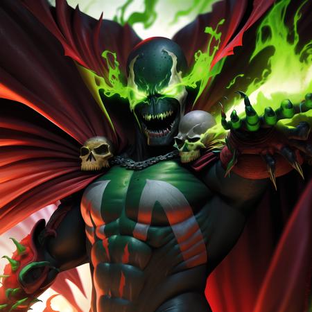 spawn, glowing, red cape, male focus, green eyes, solo, skull, monster, teeth, green fire, intricate details, masterpiece, absurdres, best quality <lora:spawn:0.9>