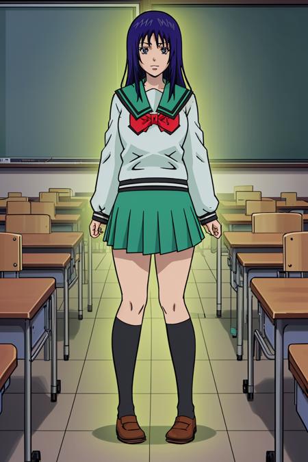 1girl, Teruhashi, glowing, black socks, blue eyes, blue hair, brown footwear, full body, green skirt, kneehighs, long hair, looking at viewer, long sleeves, pleated skirt, school uniform, serafuku, <lora:Teruhashiv3-000006:1>, classroom